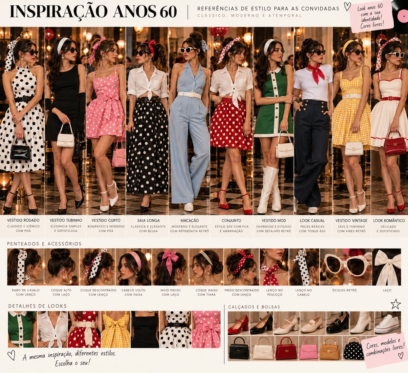 Painel original completo de inspirações femininas, com roupas e acessórios de várias cores.