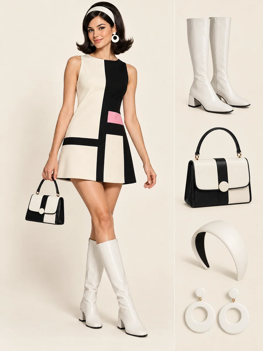 Mulher com minivestido geométrico preto e branco com detalhe rosa, botas brancas, brincos grandes e tiara. Cabelo com volume e pontas viradas. Acessórios combinados ao lado.