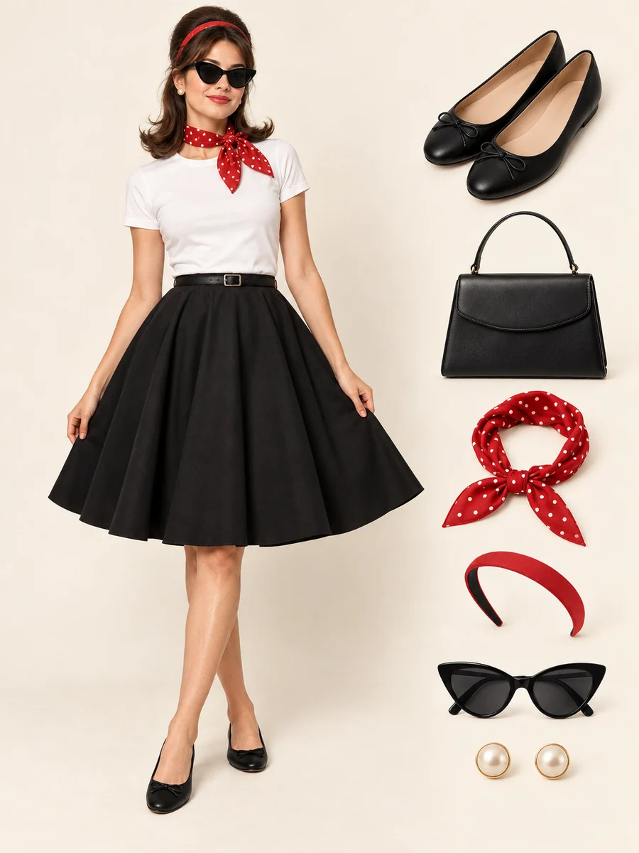 Mulher com camiseta branca, saia preta rodada, sapatilhas, lenço vermelho de poá, óculos gatinho e tiara. Cabelo meio preso com volume. Acessórios mostrados ao lado.