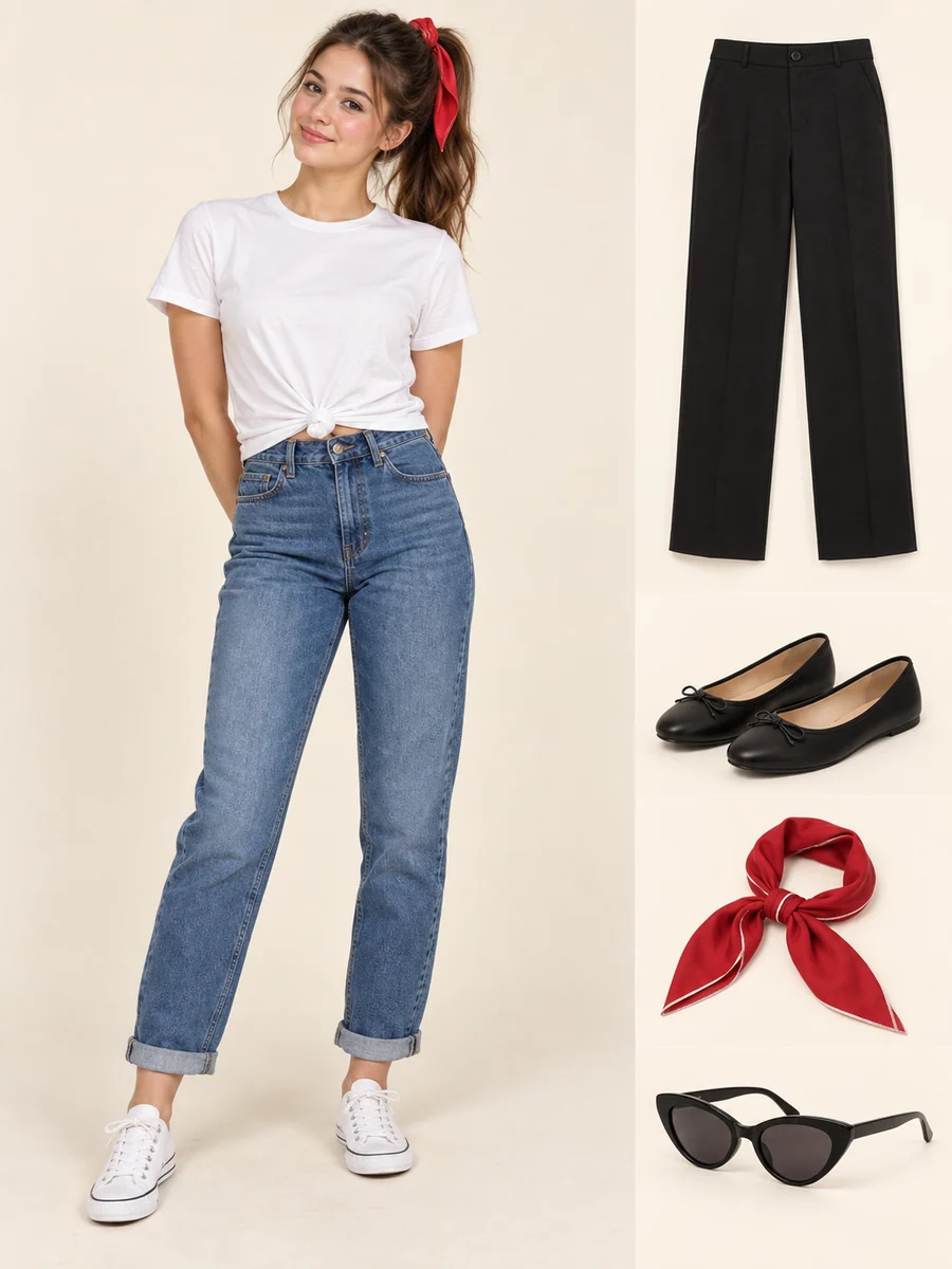 Adolescente com camiseta branca amarradinha na cintura, jeans de cintura alta e tênis brancos. Calça preta e sapatilha aparecem como alternativas; lenço e óculos são detalhes opcionais.