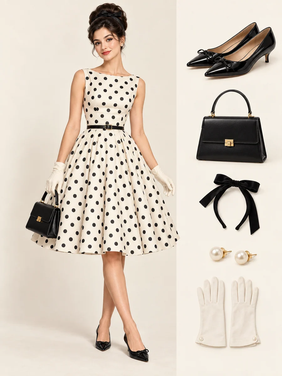 Mulher com vestido claro de poás pretos e saia rodada, cintura marcada, luvas curtas, pérolas, sapatos pretos e bolsa estruturada. Penteado retrô preso com laço.